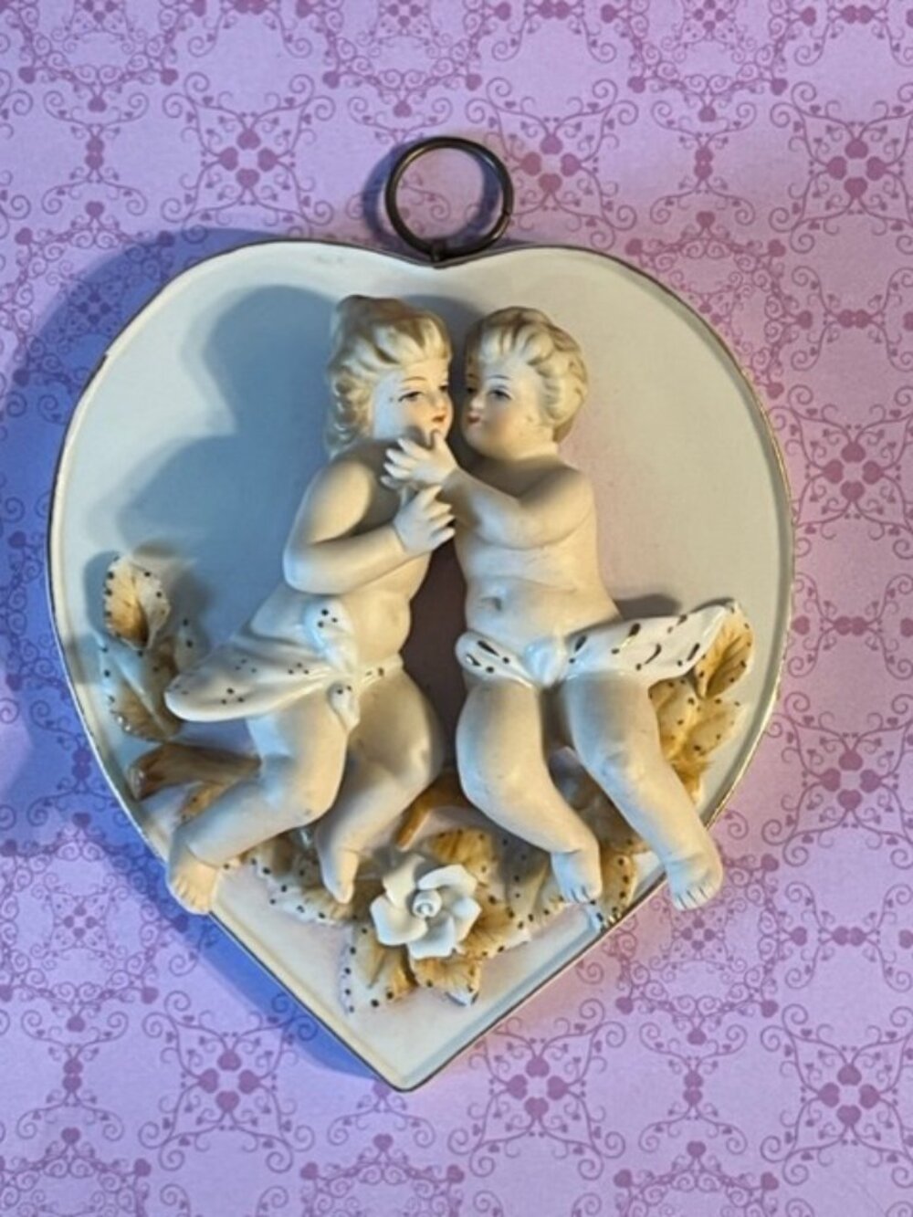 Cherub bisque porcelain  3D relief plaque wall hanging 1950s